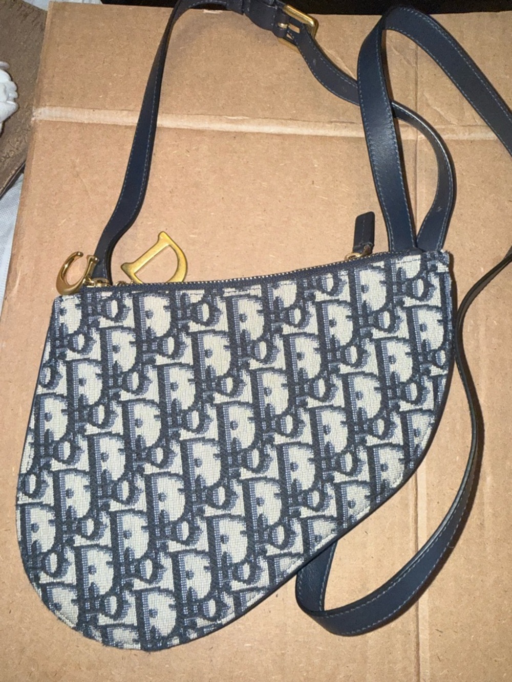 Dior Navy and Cream Saddle Crossbody Bag with Gold-Tone D Charm